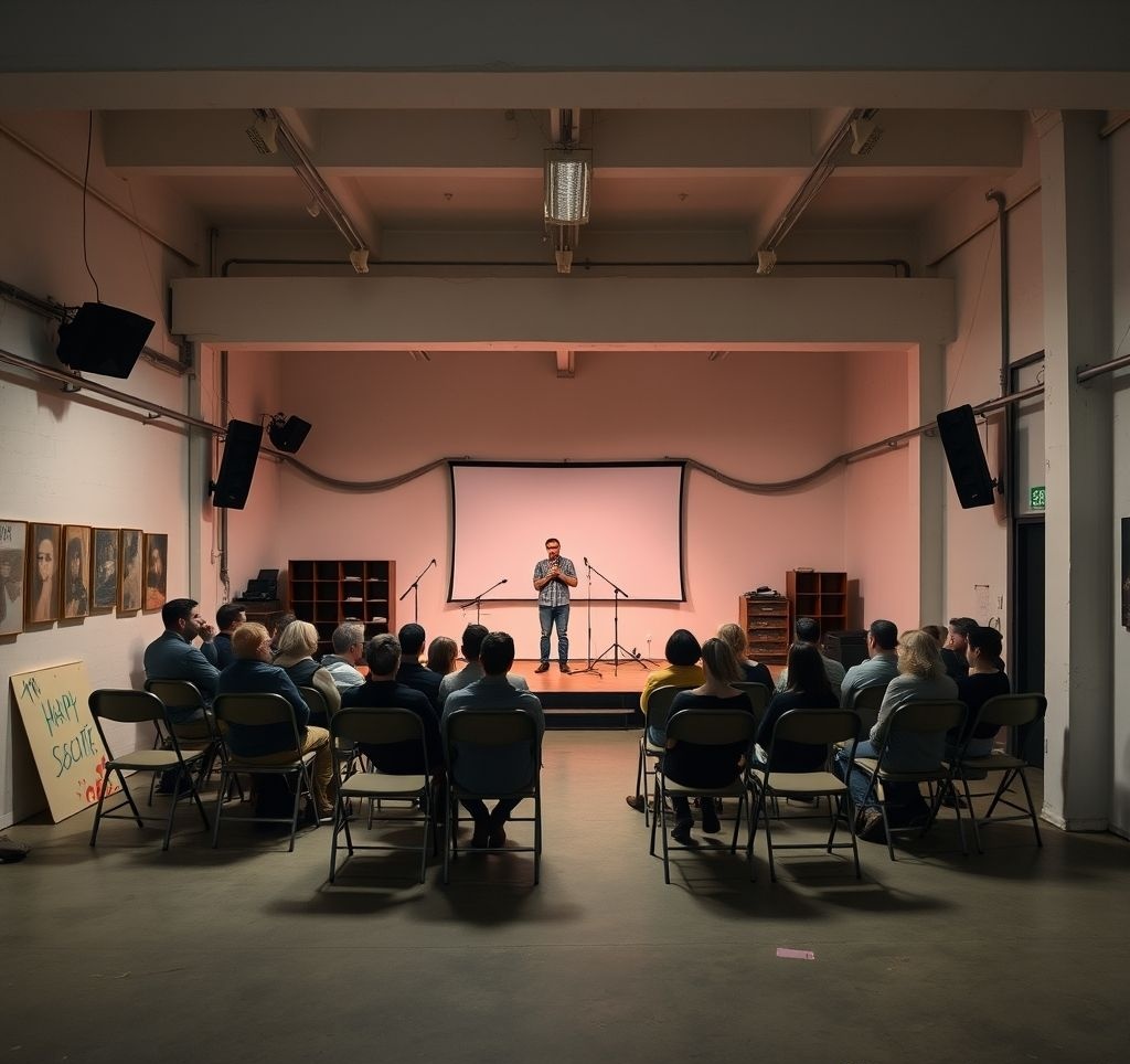 A pop-up comedy show in a converted warehouse space with a small audience